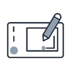 Illustration of a digital drawing tablet with a stylus, featuring a simple design 